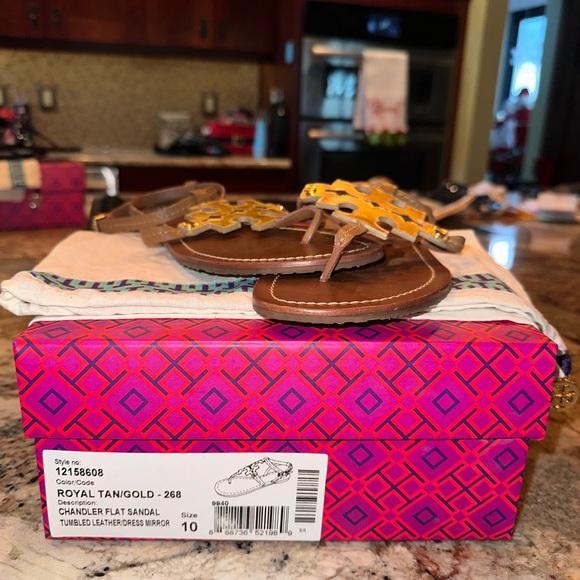 Tory Burch Royal Tan Gold Chandler Flat Sandal Leather - Size 10 - Picture 5 of 6